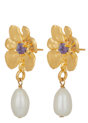 Pearl & Diamond 14K Yellow Gold Flower Stud Earrings